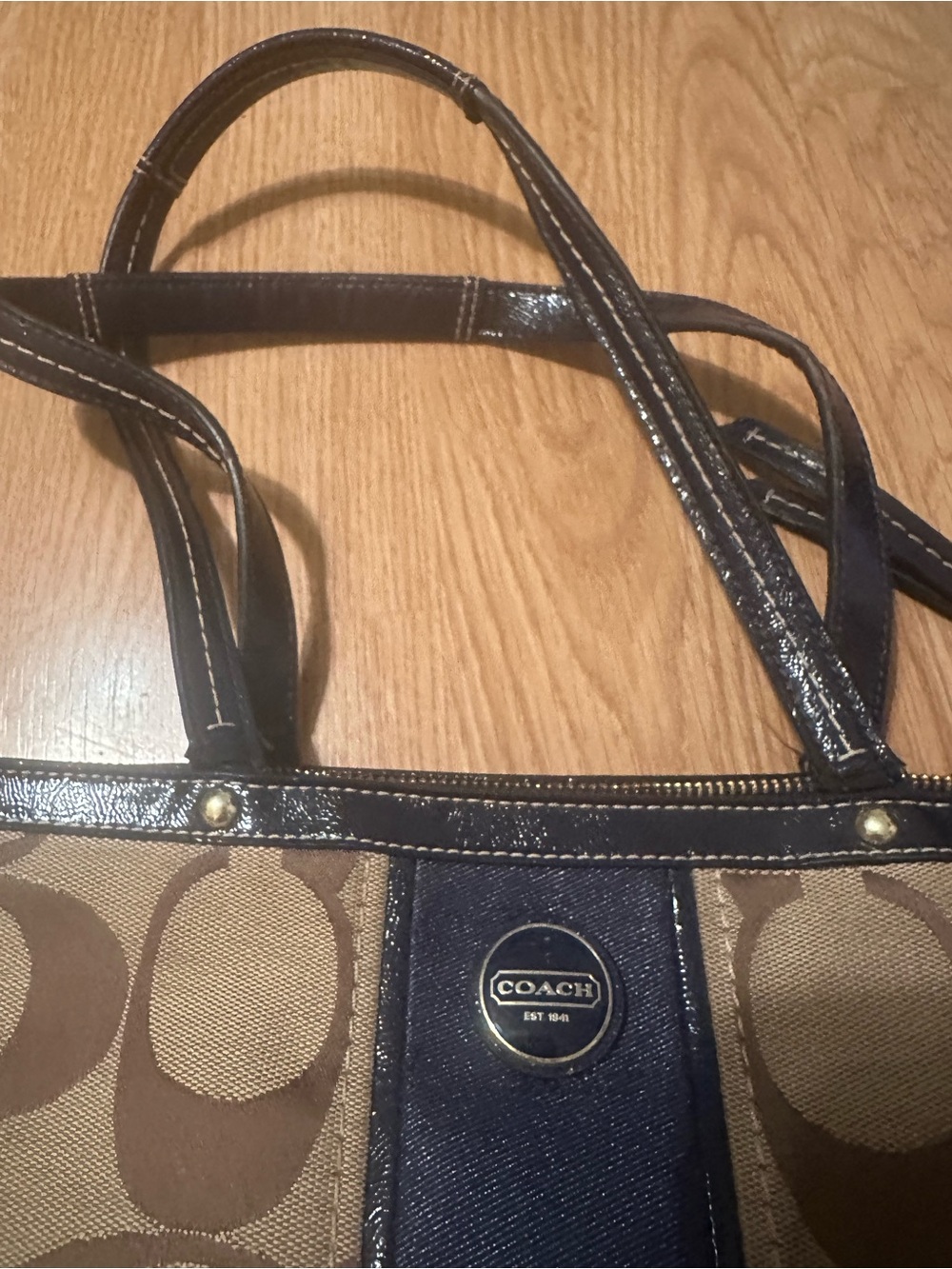Coach Brown Signature Canvas Tote with Navy Center Stripe - Picture 3 of 11